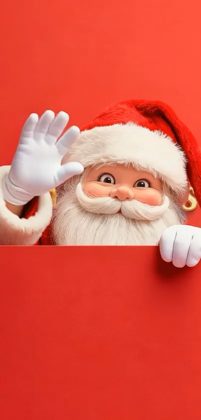 Santa Claus waves against a red background.