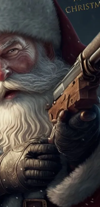 Santa Claus with a revolver in a holiday-themed artwork.