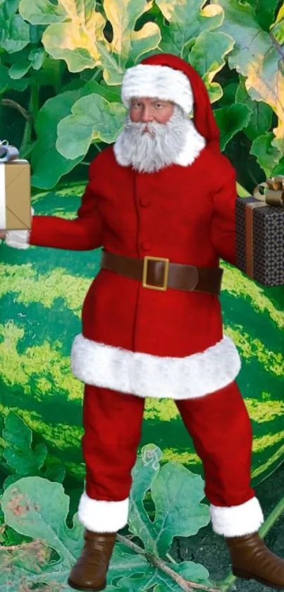 Santa Claus holding presents with a vibrant green background.