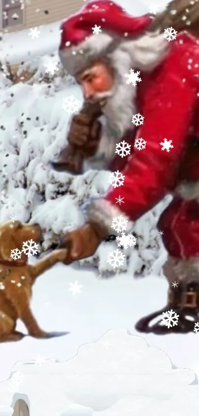 Santa Claus with puppy in snowy winter setting.