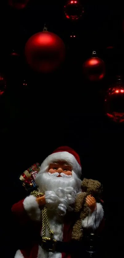 Santa with festive red ornaments in a dark background.