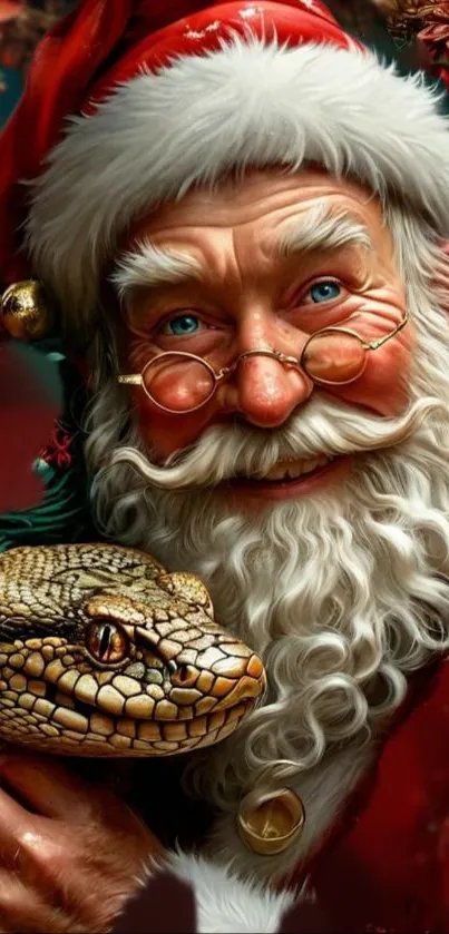 Santa Claus with a snake in festive attire.