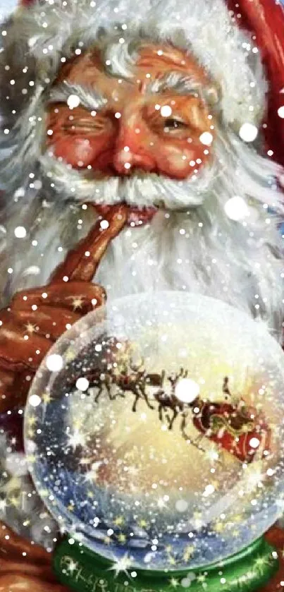 Santa holding a snow globe with falling snowflakes.