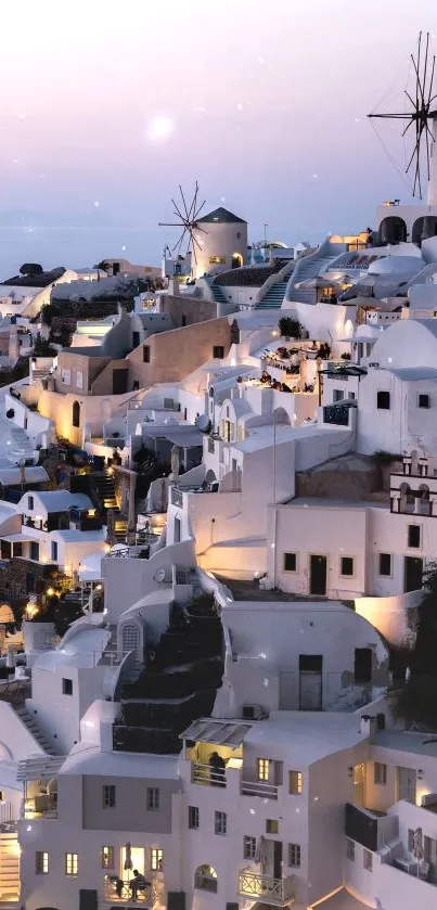 Santorini's iconic white architecture at dusk with a serene sunset sky.