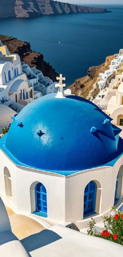 Santorini blue dome with seaside view at sunset.