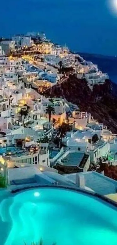 Santorini nightscape with moonlit buildings and pool view mobile wallpaper.