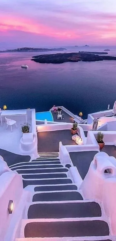 Santorini sunset view with sea and architecture in purple hues.