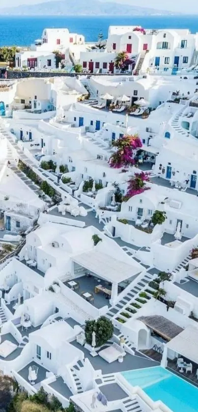 Santorini white buildings and blue sea in a picturesque view.