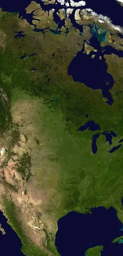 Satellite view of North America with diverse landscapes.