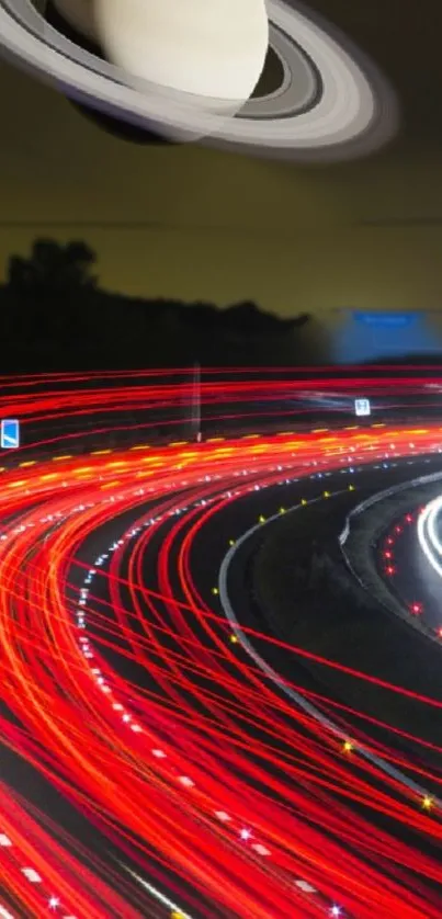 Saturn hovering over vibrant highway light trails.