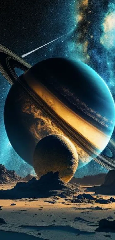 Mobile wallpaper of Saturn and moons in a starry cosmic scene.