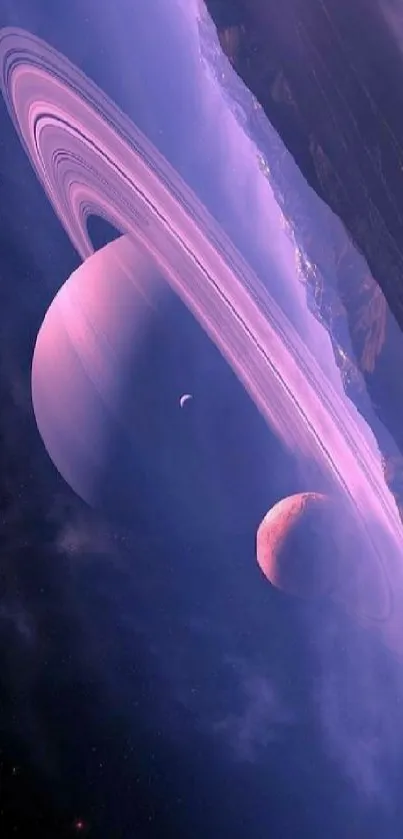 Violet space art featuring Saturn and moons with stunning rings.