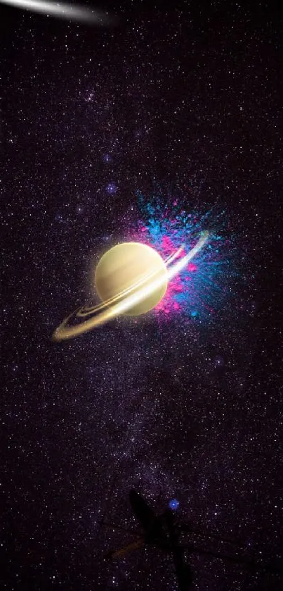 Saturn in a vibrant galaxy backdrop with a starry night sky.