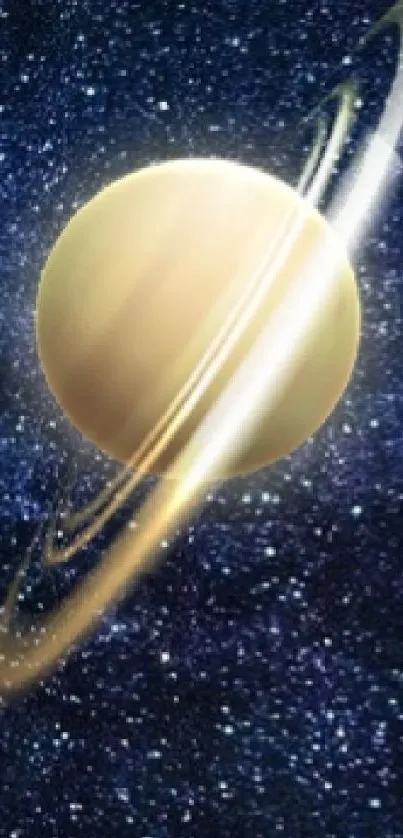 Saturn floating in a starry galaxy wallpaper.