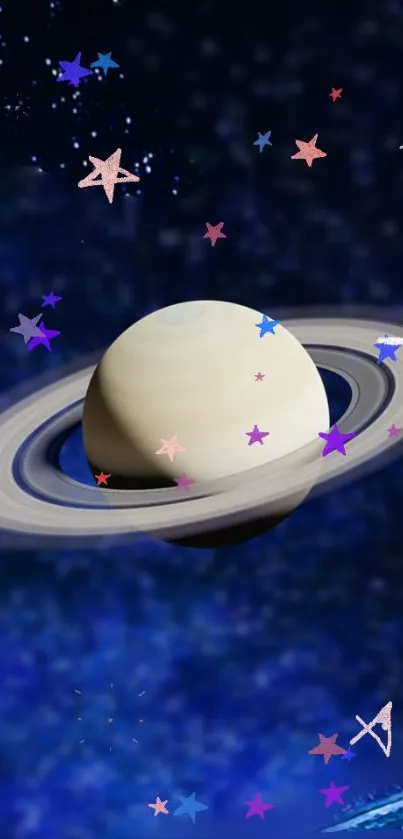 Saturn with colorful stars in a blue night sky wallpaper.