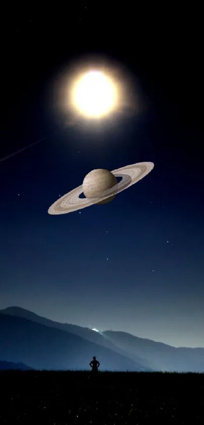 Mobile wallpaper featuring Saturn against a dark night sky with a glowing moon.