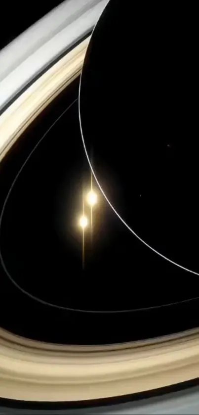 Saturn rings with glowing stars in a dark space backdrop.