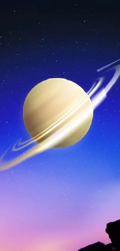 Wallpaper featuring Saturn against a twilight sky with deep blue colors.