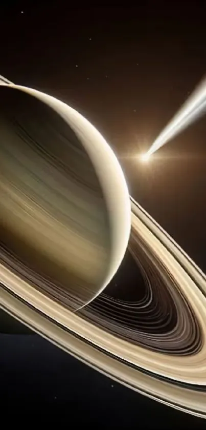 Saturn with vibrant rings in space backdrop.