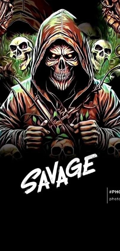 Savage hooded skull with intense colors and dark background.