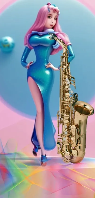 Glamorous animated girl with saxophone against a pink and teal artistic background.