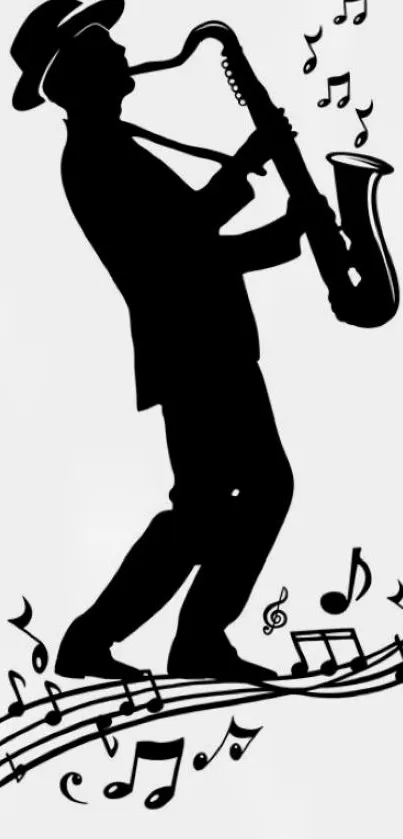 Saxophone player silhouette with musical notes on a white background.