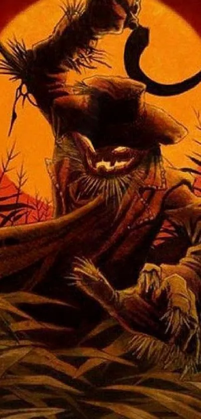 Eerie scarecrow with a harvest moon backdrop in a dark phone wallpaper.