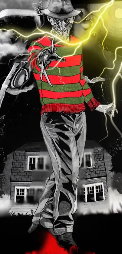 Horror character with lightning in eerie mobile wallpaper.