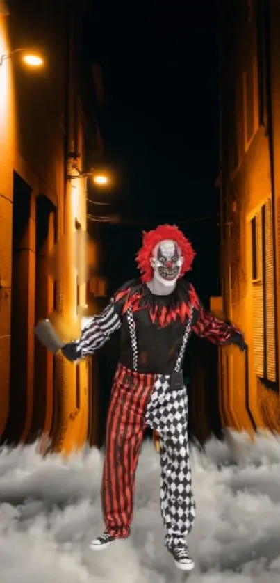 Eerie clown in dark alley with fog.