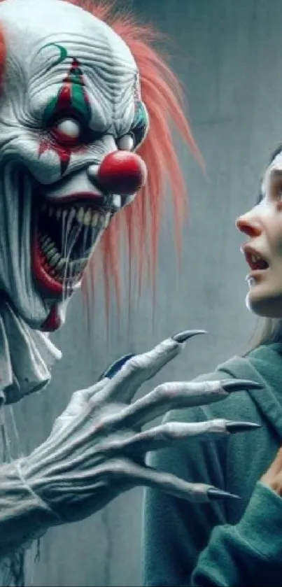 Terrifying clown and scared girl in wallpaper.