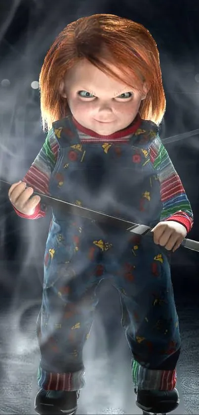 Terrifying doll holding a club in a misty, eerie setting for mobile wallpaper.