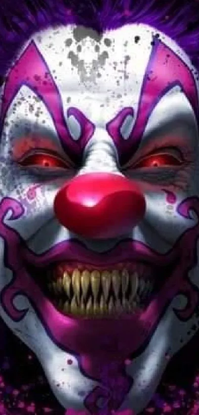 Scary clown with a sinister smile and purple accents.