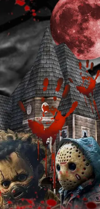 Scary haunted house with red moon and horror elements wallpaper.