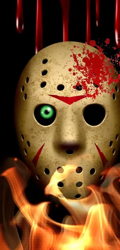 Hockey mask with flames and blood drips on a dark background.