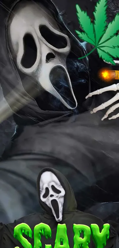 Spooky mask with marijuana leaf and skeleton hand with smoke.