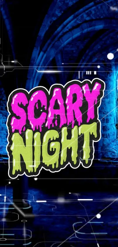 Scary Night neon text on a gothic blue background.