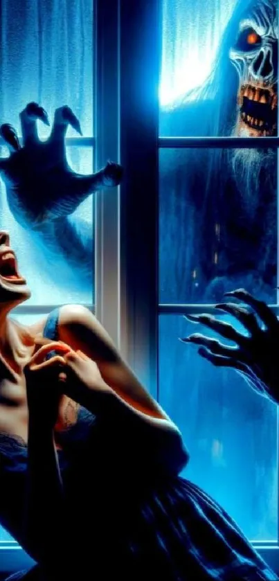 A woman scared by a monster at her window with a blue glow.