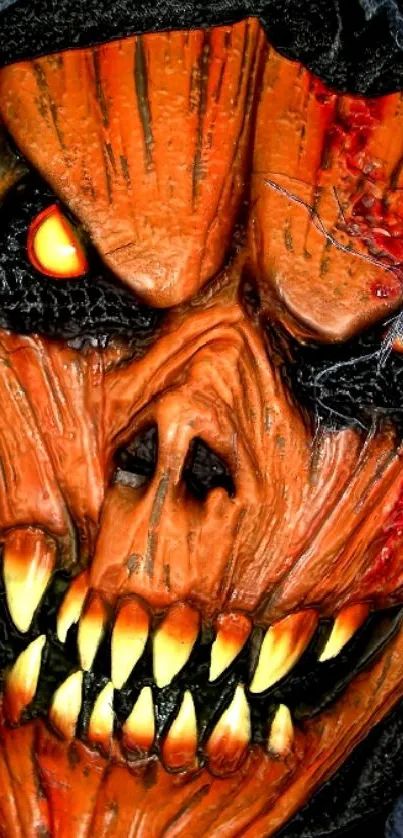 Eerie pumpkin skull with fiery eyes wallpaper for mobile.