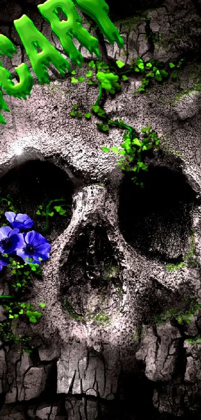 Skull wallpaper with green accents and a purple flower on stone texture.