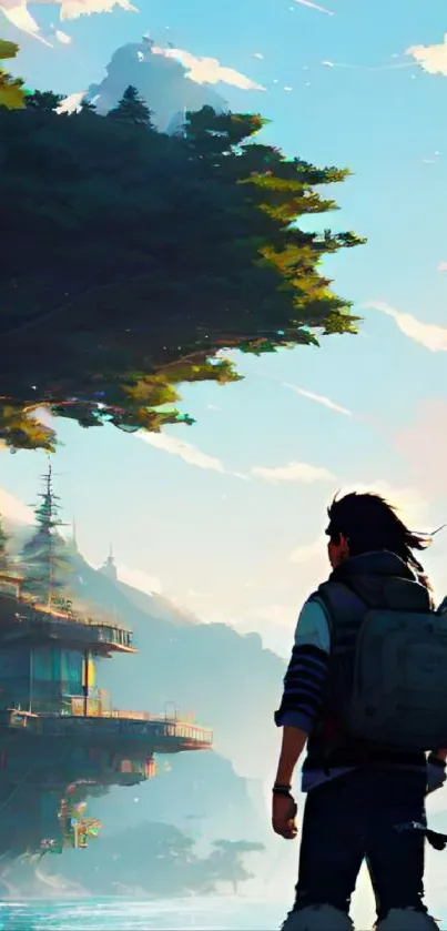 Illustrated traveler gazes at vibrant landscape in digital art wallpaper.