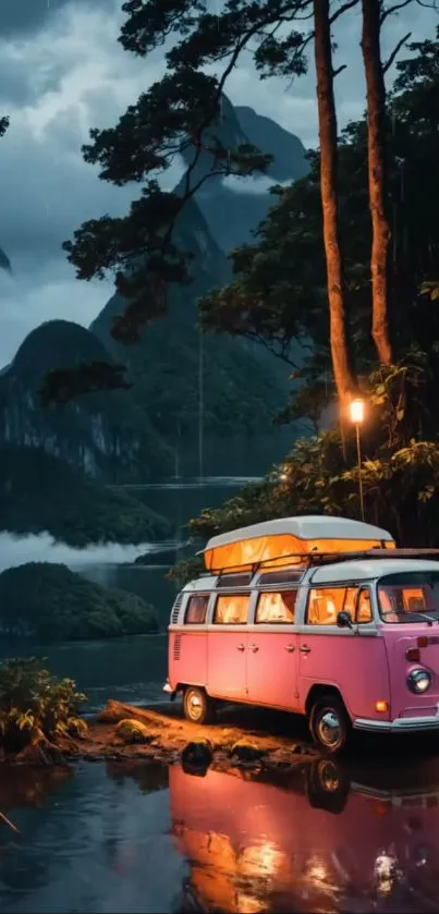 Vintage van by mountain in lush nature setting.