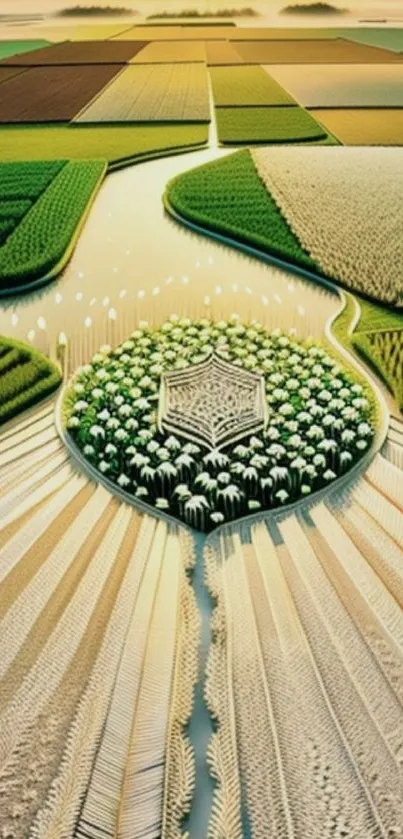 Aerial view of lush green farmlands with geometric patterns.