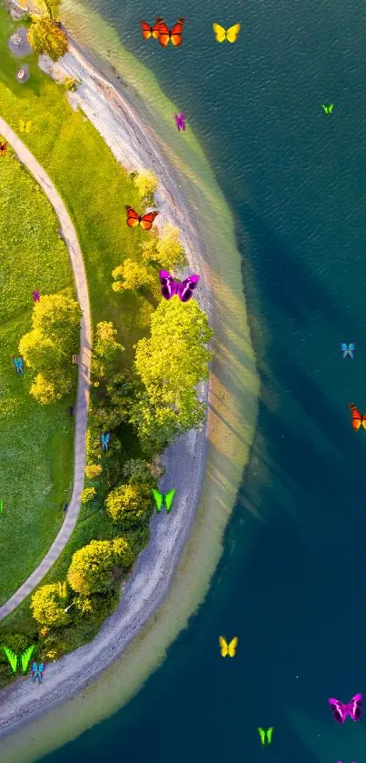 Aerial view of lush green and blue lake scenery.