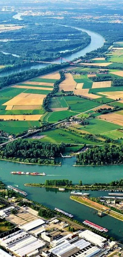 Aerial view of green fields and winding river, perfect for mobile wallpaper.