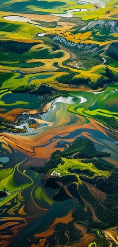 Aerial view of vibrant, colorful landscape with rivers and greenery.