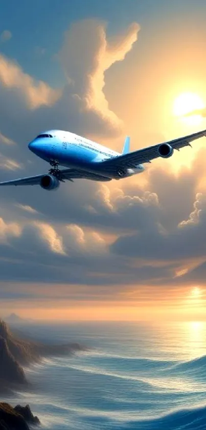 Airplane flying over an ocean at sunset with dramatic clouds.