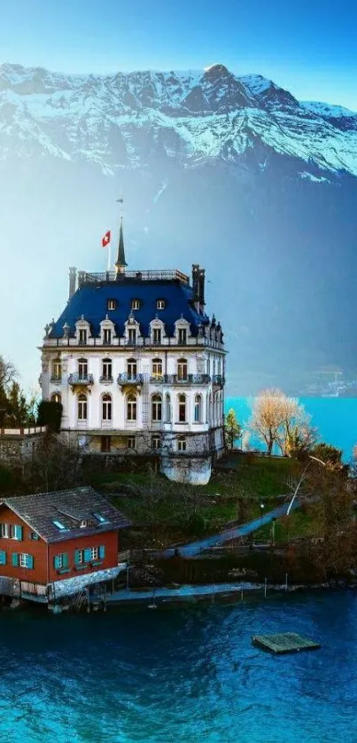 Majestic chateau overlooking a serene alpine lake with snow-capped mountains.