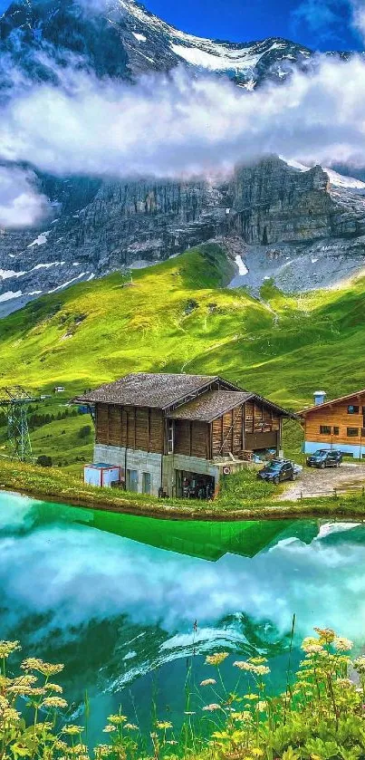 Scenic mountain landscape with cabin and lake reflection.