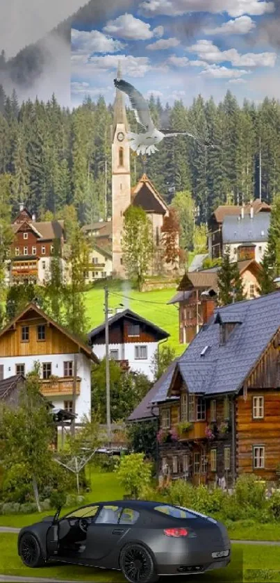 Alpine village with car and lush landscape.