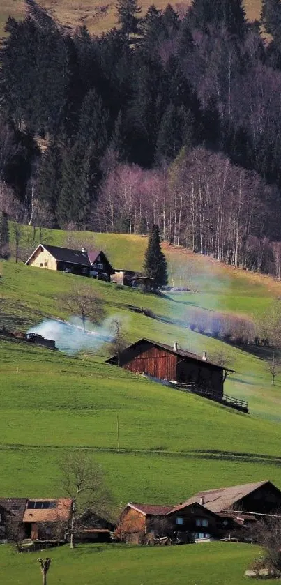 Scenic alpine village with green hills and rustic homes.